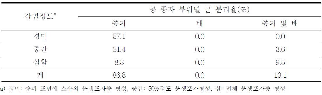 콩 탄저병 종자감염정도 별 균 분리 특성