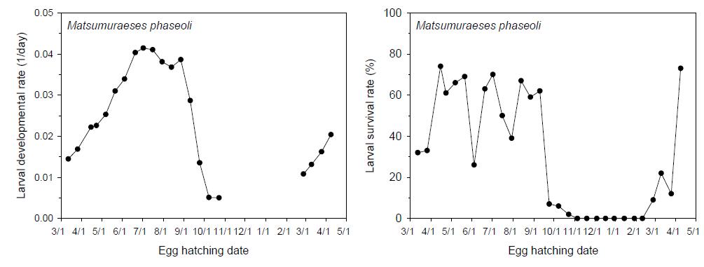 연중 사육시기별 야외에서 팥나방(M. phaseoli) 유충의 우화까지의 발육속도(왼쪽)과 생존율(%)(오른쪽)