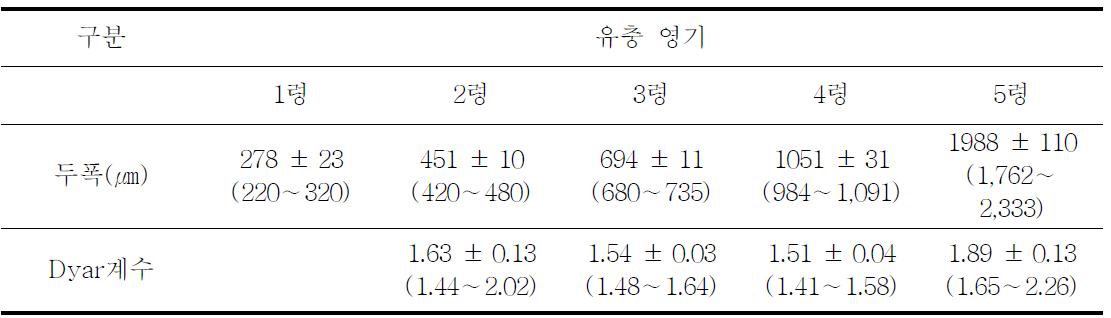 콩줄기명나방(O. scapulalis) 유충을 25℃에서 인공사료로 사육하였을 때 유충영기의 두폭과 Dyar계수