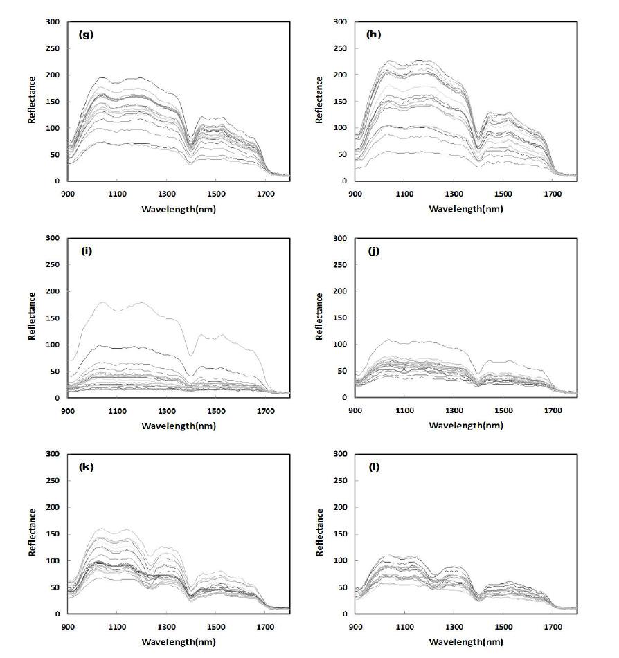 정상콩과 이물질의 원본 반사 스펙트럼, 파장대역 900∼1800 nm : (a)대원콩, (b)단백콩, (c)태광콩, (d)풍산나물콩, (e)다올콩, (f)큰올콩, (g)깨진 유리조각(갈색), (h)깨진 유리조 각(투명), (i)다양한 색상의 돌, (j)베이지색 돌, (k)폴리에틸렌, (l)폴리프로필렌
