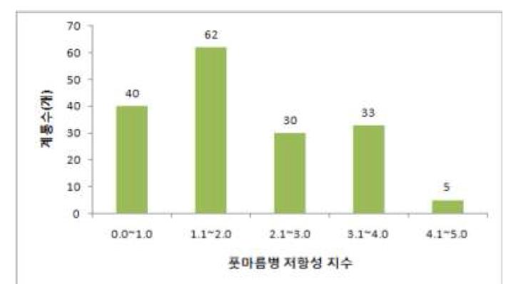 2차년도(2009년) 평가한 고추 유전자원의 풋마름병 저항성 지수 분포