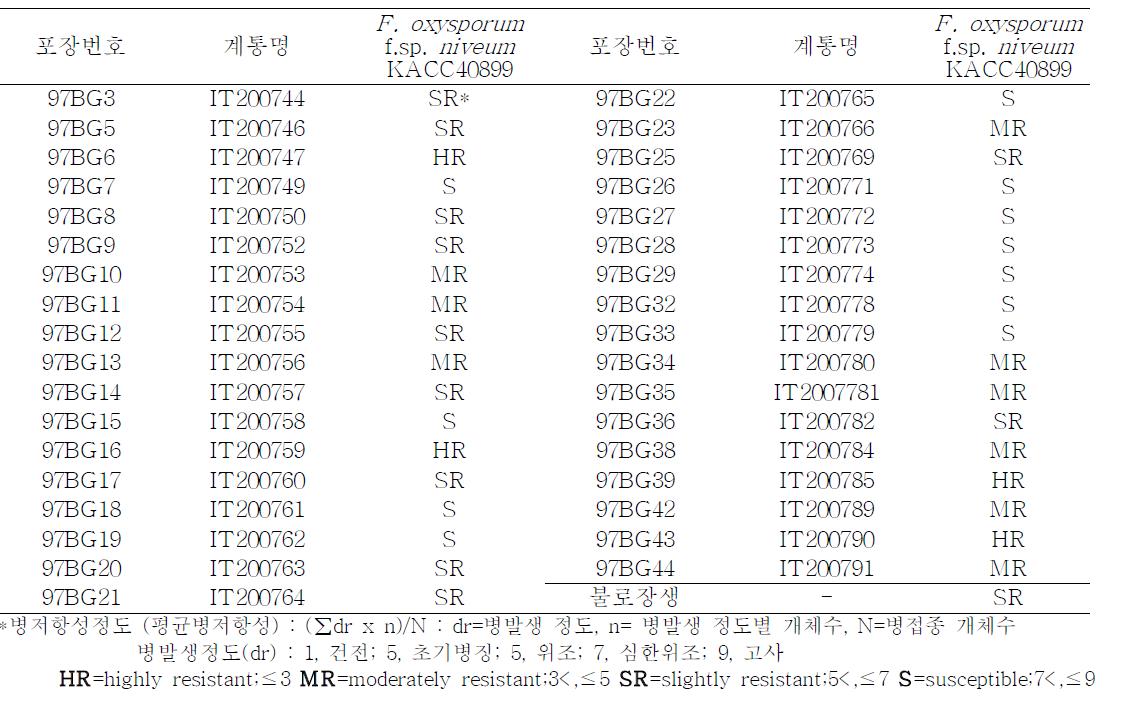 대목용 박유전자원의 덩굴쪼김병 병저항성 정도