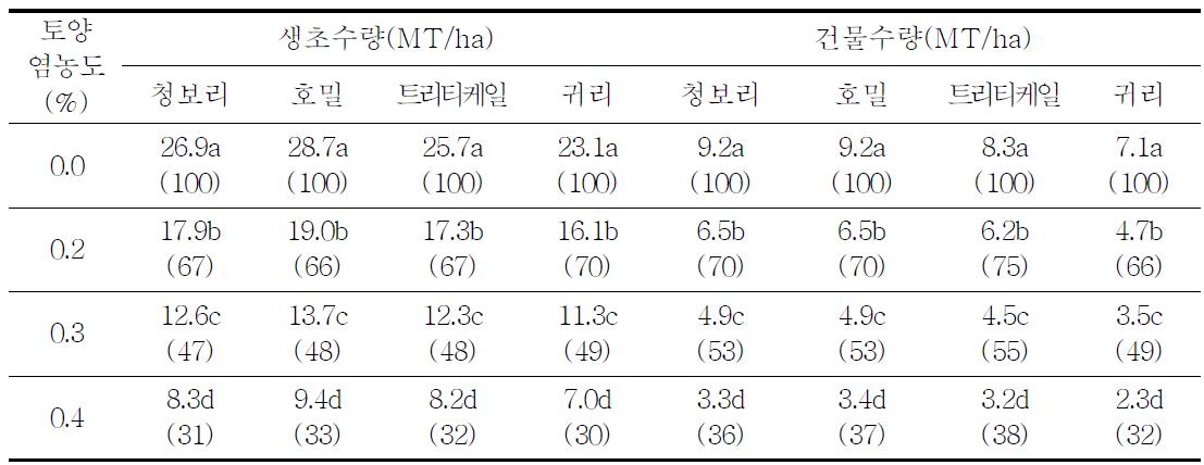 토양 염농도별 동계 사료작물의 생초 및 건물수량