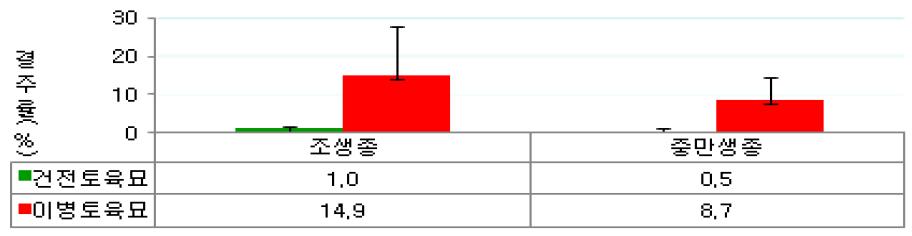 건전토양과 이병토양에 육묘한 양파의 결주율 비교(‘11. 3. 14 조사)