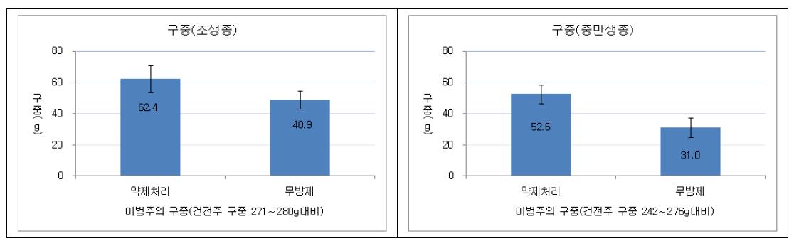 양파 생육초기 발생 노균병 피해주 약제방제시 구중(약제처리: 3월 12일부터 1주일 6회 살포, 구중조사= 이병주무게/이병주수, ‘09. 5. 19.)