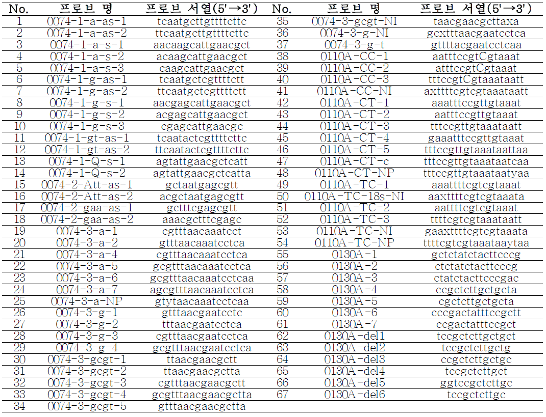 디자인된 총 67개의 프로브 명 및 염기서열