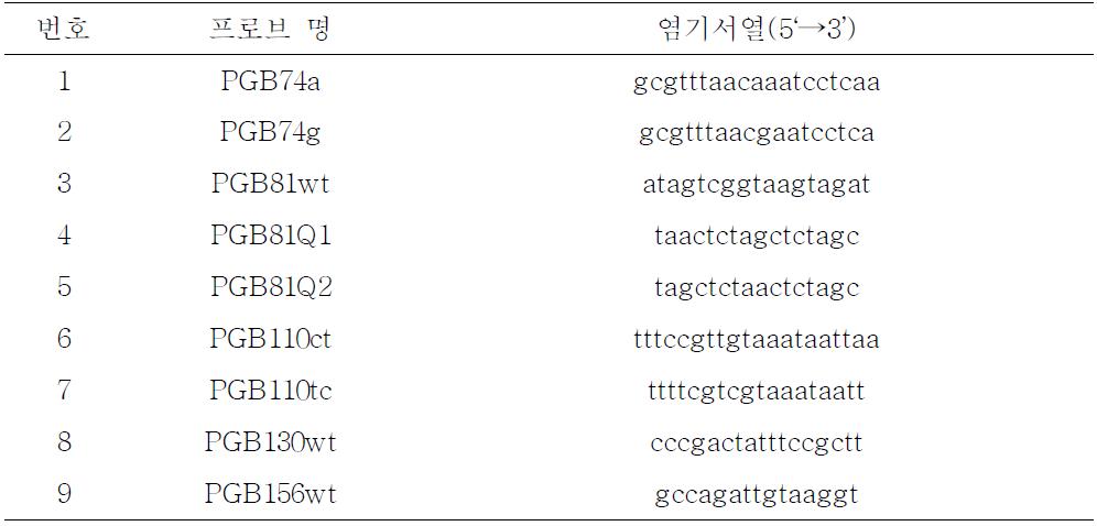 최종 제작된 바이오칩에 활용한 프로브 명 및 염기서열