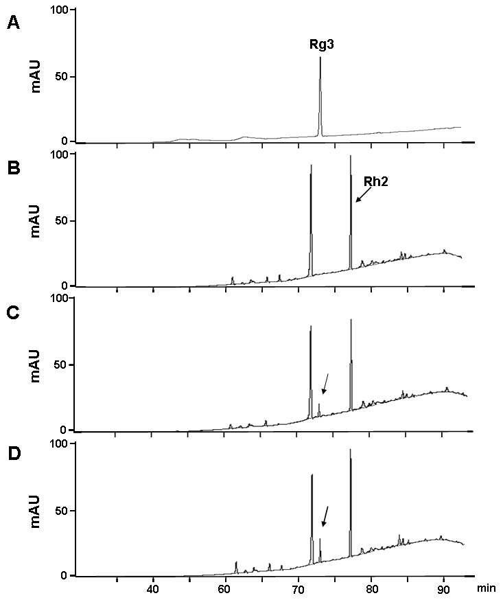 인삼 배양근의 Rg3 glucosyltransferase activity 측정(A, standard; B, negative control; C, no elicitor; D, elicitor 처리)