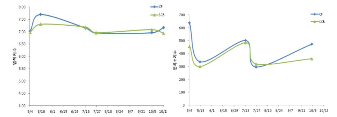 캐슬파인GC 2011년도 SCB액비와 화학비료 처리에 따른 엽색지수와 엽록소지수 비교