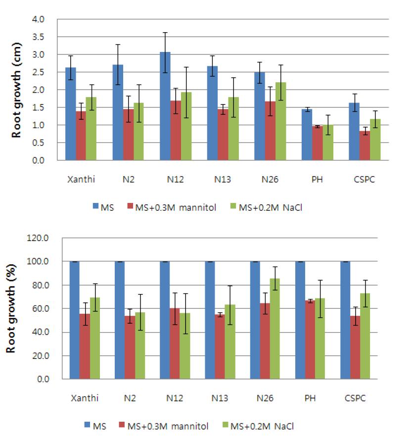 건조, 염 처리 조건에서의 뿌리생장율 조사.