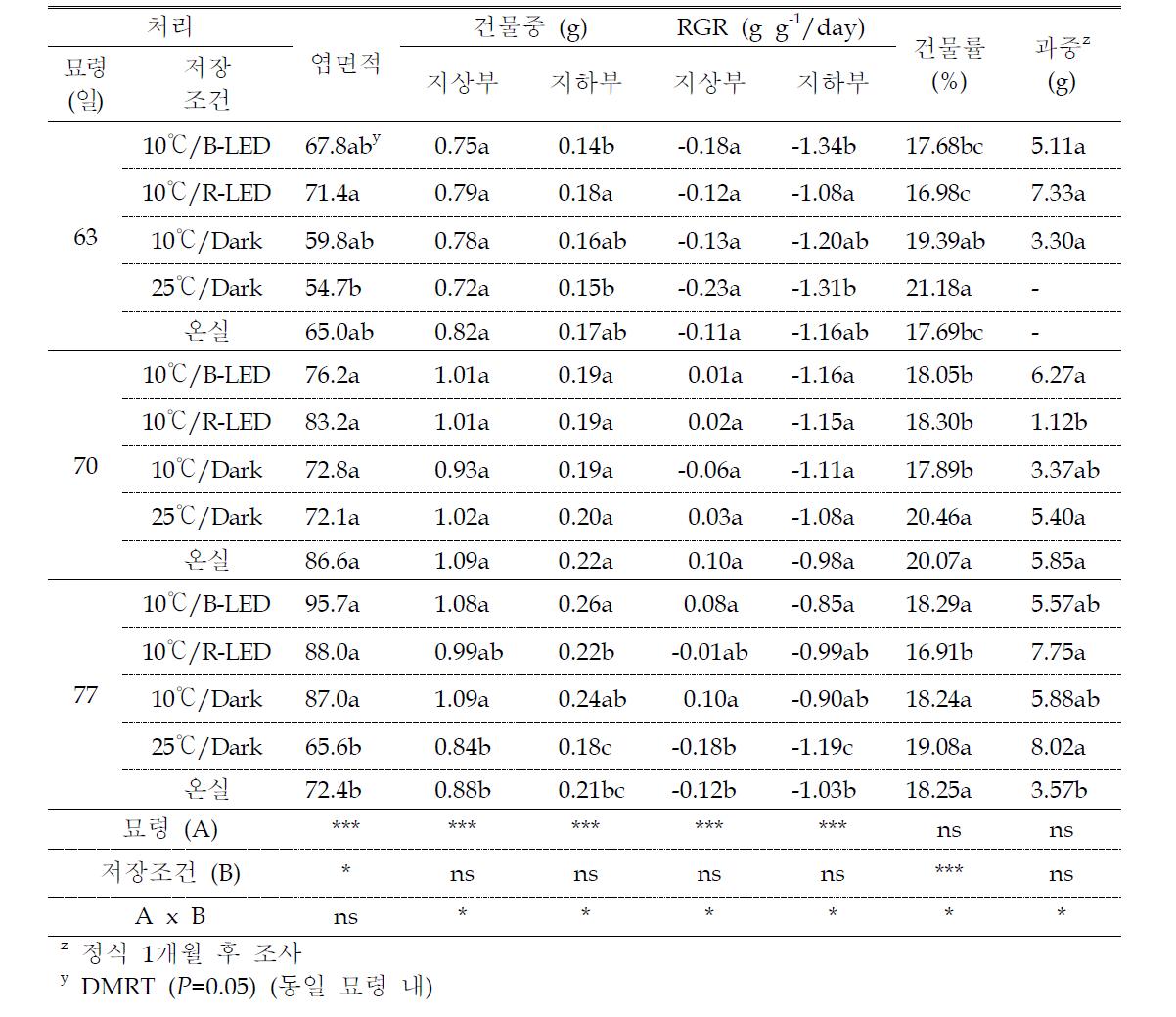 묘령 및 저장조건에 따른 고추 접목묘의 반응(처리 3일 후)