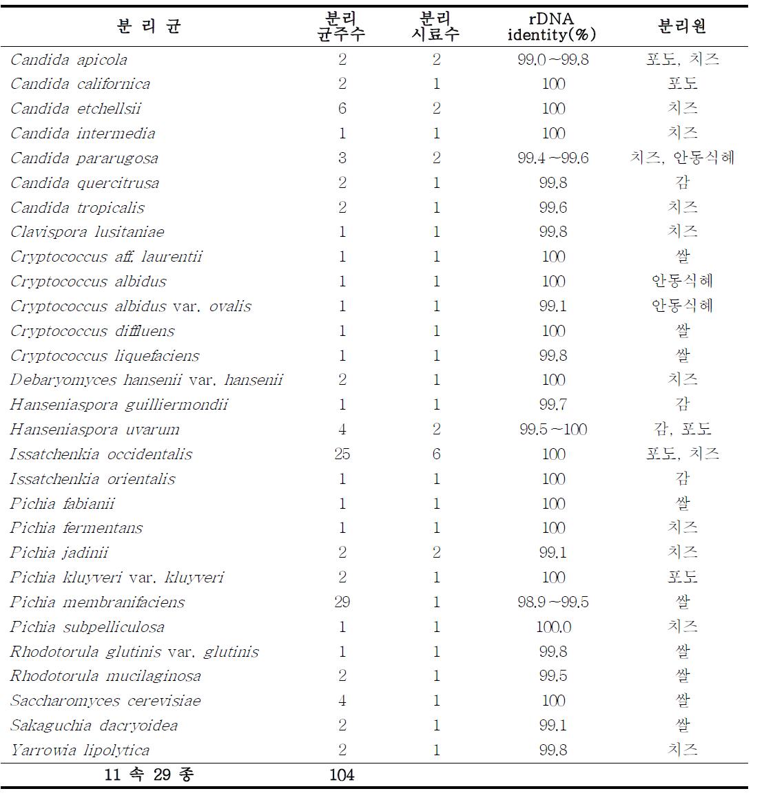 농산물 및 가공식품에서 분리, 동정한 효모 균주