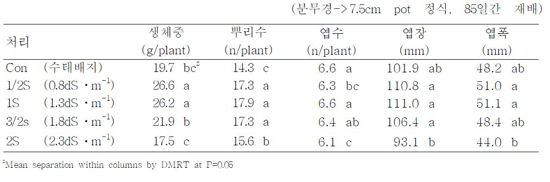 수태 배지 정식 후 배양액 농도별 팔레놉시스 유묘의 생육 (분무경->7.5cm pot 정식, 85일간 재배)