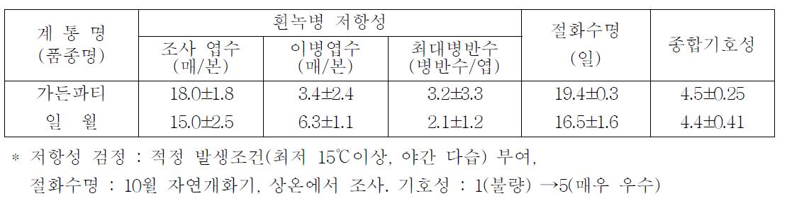 가든파티 흰녹병 저항성, 절화수명 및 기호성