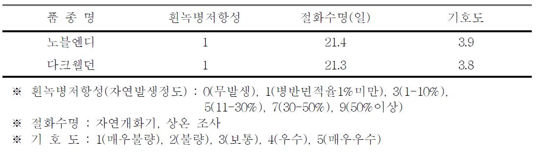 ‘노블엔디’ 품종의 흰녹병 저항성, 절화수명 및 기호도