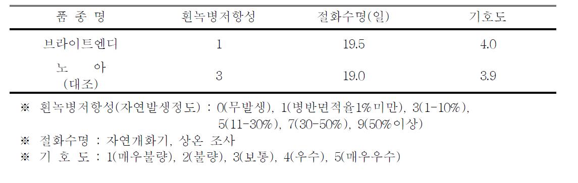 ‘브라이트엔디’ 품종의 흰녹병 저항성, 절화수명 및 기호도