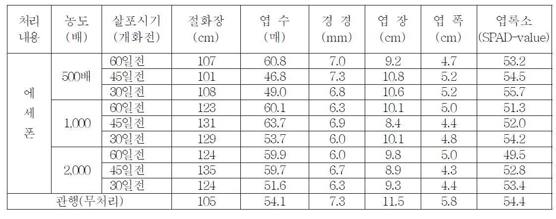 에세폰 엽면살포의 농도 및 시기에 따른 국화 생육특성