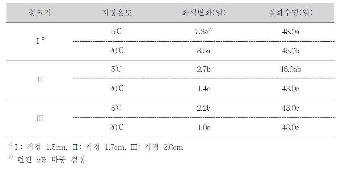 꽃크기별 저장온도가 절화 국화 ‘백마’의 화색변화 및 절화수명에 미치는 효과