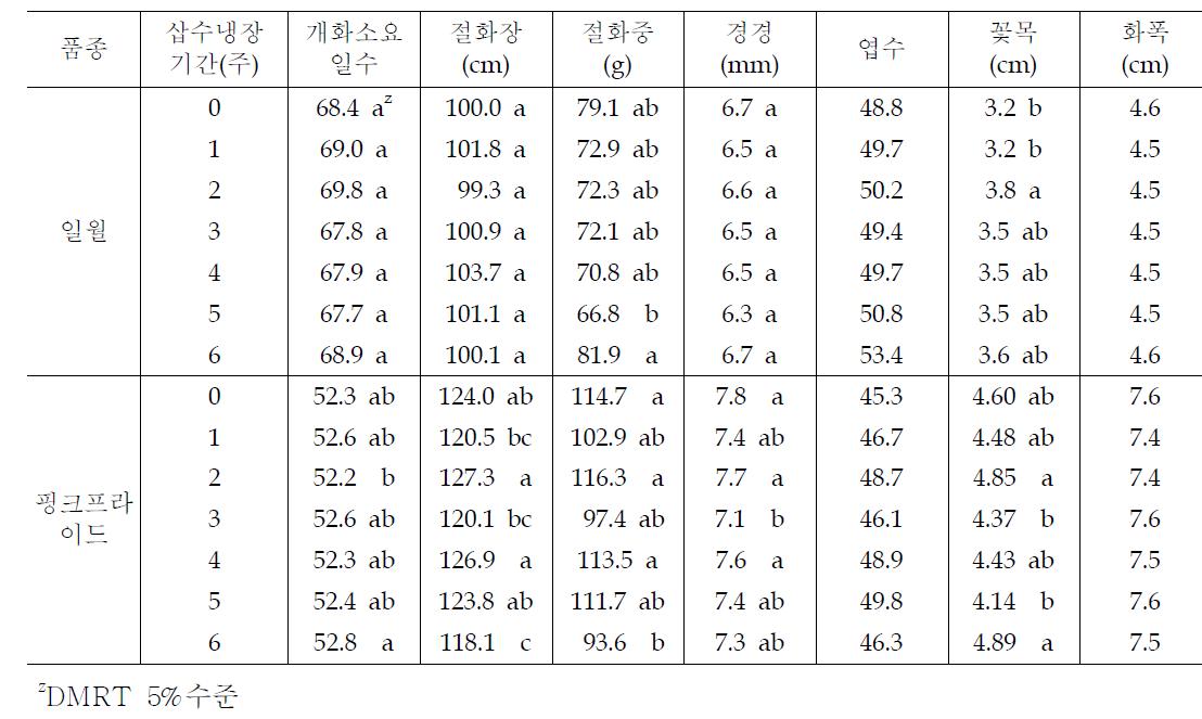 스프레이국화 품종의 삽수냉장기간별 개화시 생육특성