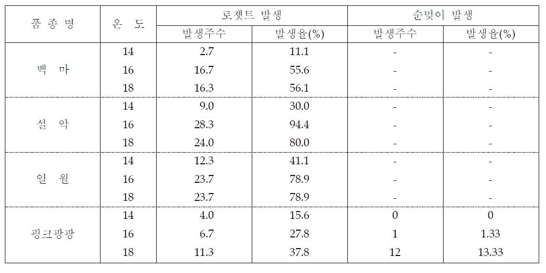 육성 품종의 겨울철재배시 로젯트 발생율