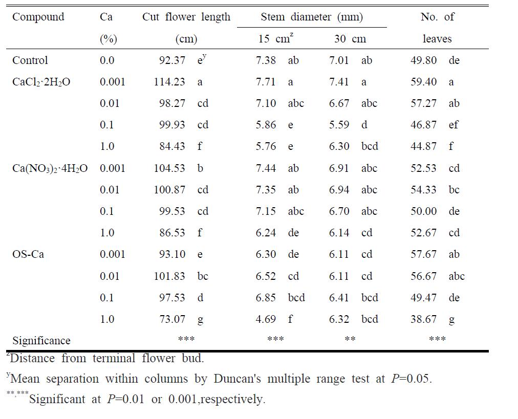 Growth characteristics of cut standard chrysanthemum ‘Baekma’ as influenced by kind and concentration of calcium agents at the final harvesting date.