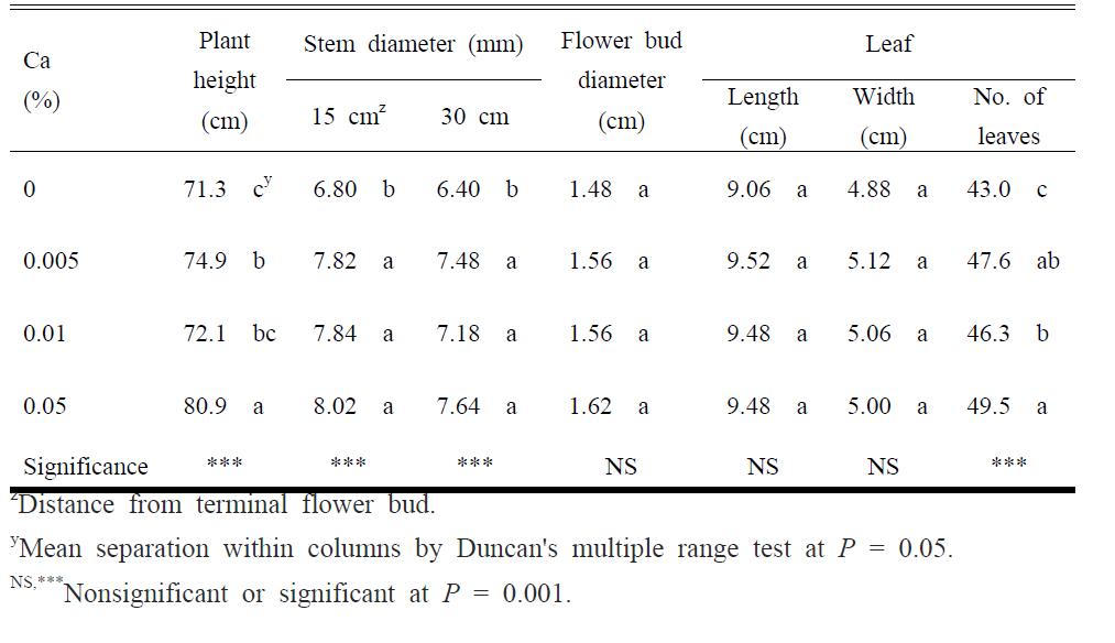 Growth characteristics of cut standard chrysanthemum ‘Baekma’ as influenced by OS-Ca concentration at the final harvesting date.