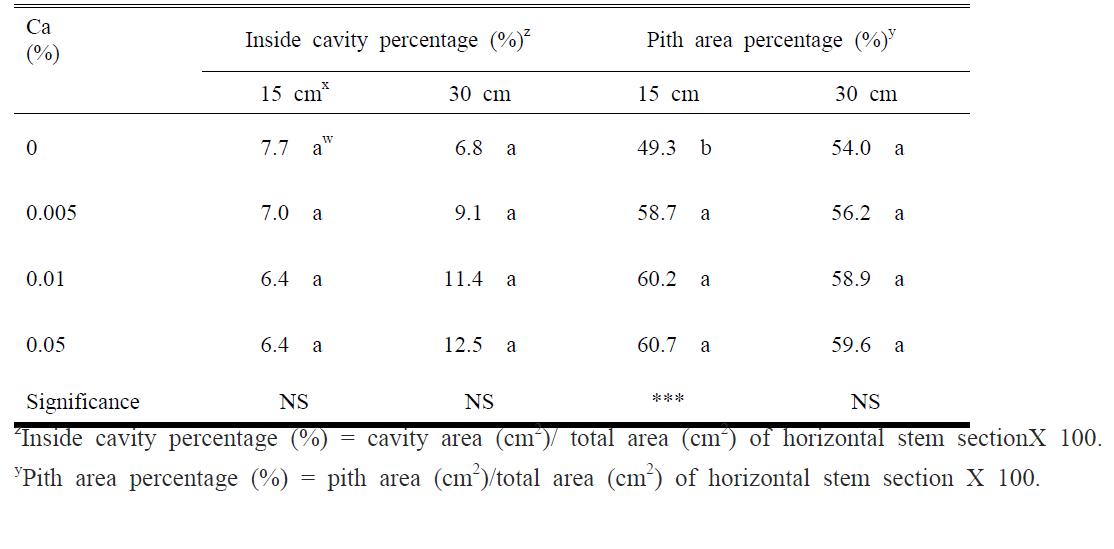 Percentage of inside cavity and pith area on horizontal stem section of cut standard chrysanthemum ‘Baekma’ as influenced by OS-Ca concentration at the final harvesting date.