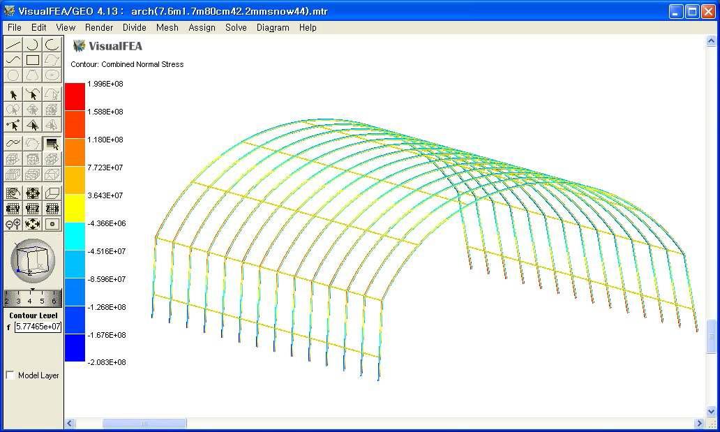 적설 44cm 적용시 폭 7.6m 하우스에 부재에 발생되는 응력분포도.