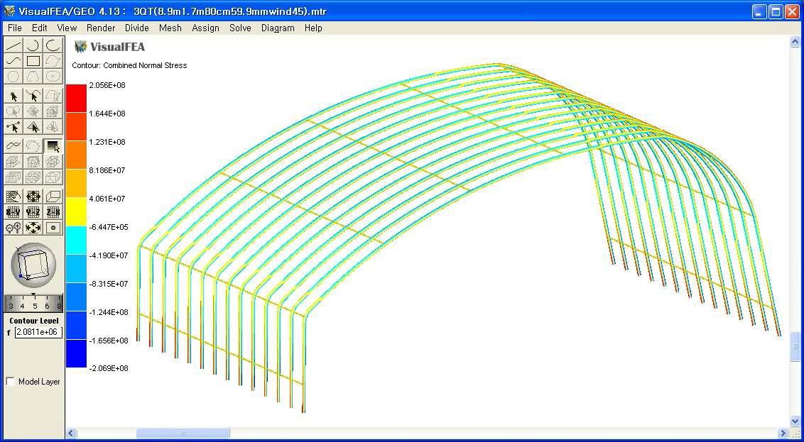 풍속 45m • s-1 적용시 폭 8.9m 하우스에 부재에 발생되는 응력분포도.
