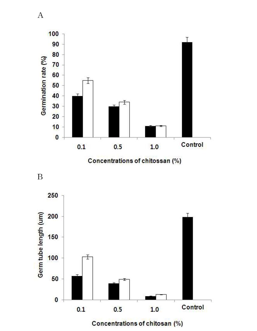 Percent germination and germ tube length of P. italicum spores at various concentrations of COS