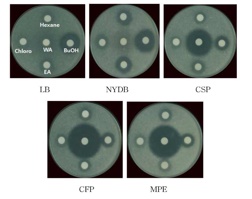 Variation of antifungal compound production in B. amyloliquefaciens JBC36 according to the culture material and organic solvent which used for extraction of the compound.