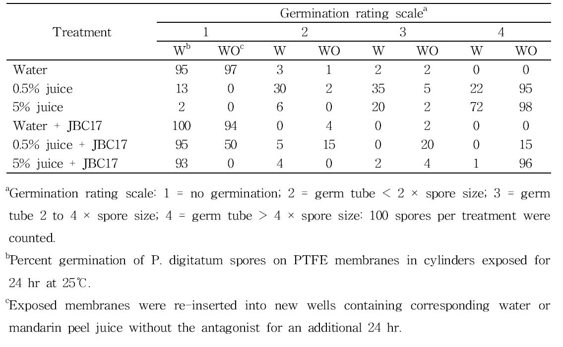 Percent germination of P. digitatum spores on PTFE membranes in cylinders.
