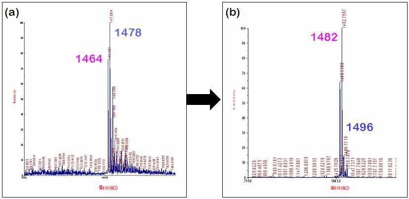 Hydrolysis of lactone bond. (a) MALDI-TOF MS spectrum of before and (b) after hydrolysis.