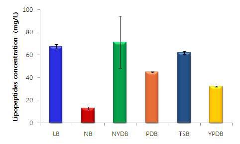 Lipopeptides concentration of B. subtilis HM1 in different synthetic media.