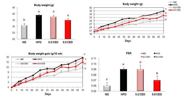 고지방 식이로 유도되는 동물 모델에서 양배추추출물 (CED)의 체중 증가 억제 효능 확인