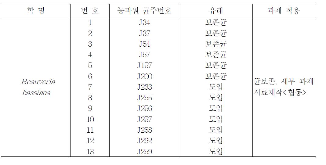 시험 백강균의 균주번호 및 유래