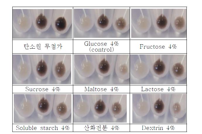 기본 배지 LEM에서 탄소원별 멜라닌 생성억제물질의 생산성