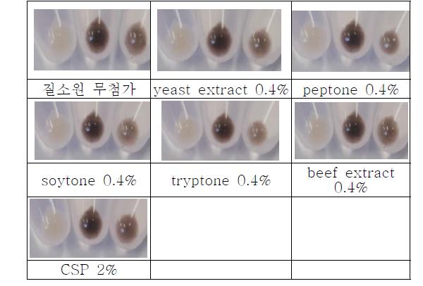 기본배지 LEM에서 질소원별 멜라닌 생성억제 물질의 생산성