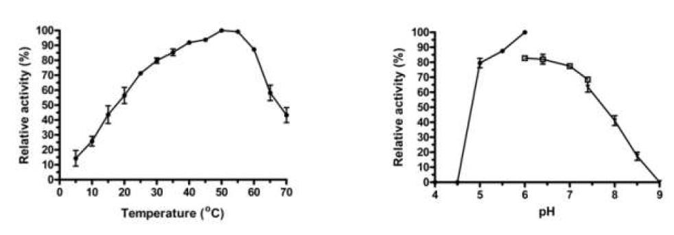 셀룰라아제 CS10의 최적 활성온도(좌) 및 최적 활성 pH(우) 측정 그래프.