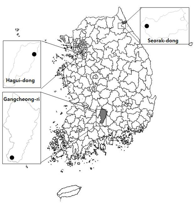 국내 산지에서 백강균(Beauveria bassiana) 채집 지역