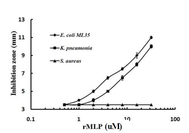 Antibacterial activity of recombinant MLP1 by agar well diffusion assay.