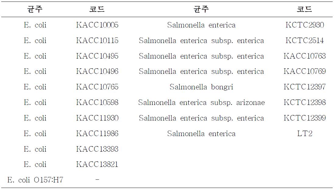 E. coli 및 Salmonella 수집 균주 목록