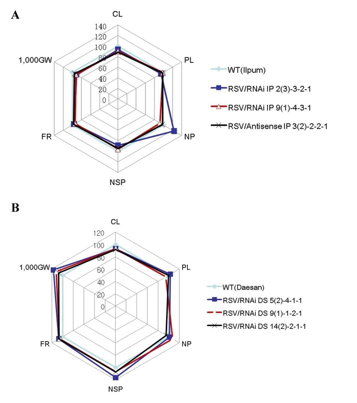 RNAi- RSV-CP 또는 Antisense-RSV-CP 운반체가 도입된 형질전환 고정계통의 농업적 형질 비교