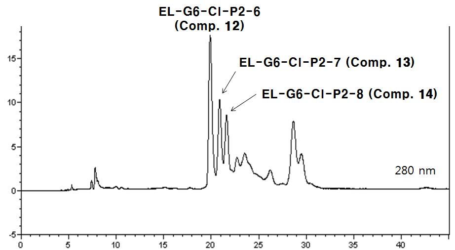 획분 EL-G6-Cl-P2의 prep-HPLC (조건, HPLC-9)에 의한 재정제.