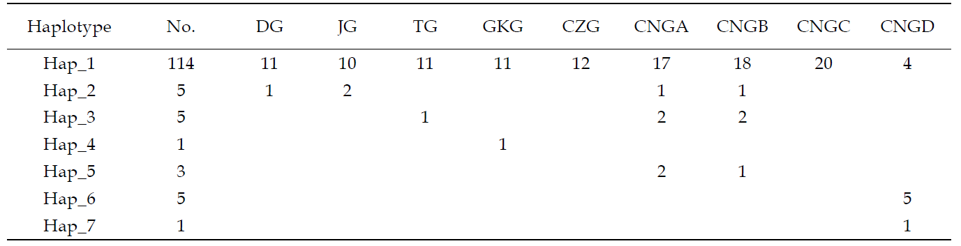 mtDNA D-loop 영역 분석에 기초한 집단별 haplotype 분포 양상