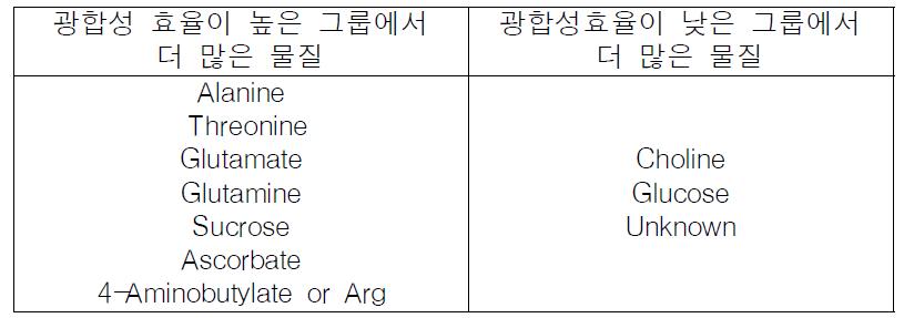 광합성 효율에 따라 분포에 차이를 보이는 물질.