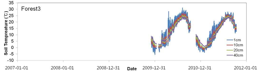 산림3에서의 층별 토양온도 관측결과