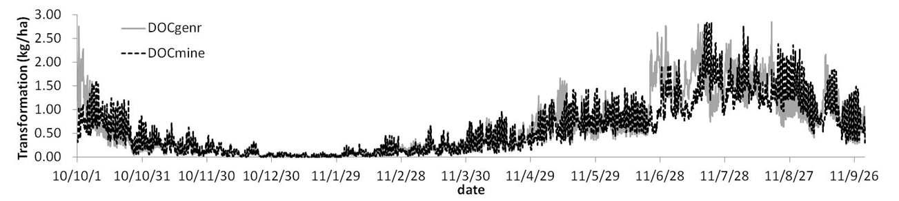 토양에서의 탄소 변환과정 모의 결과: DOC의 생성(DOCgenr)과 무기화(DOCmine)