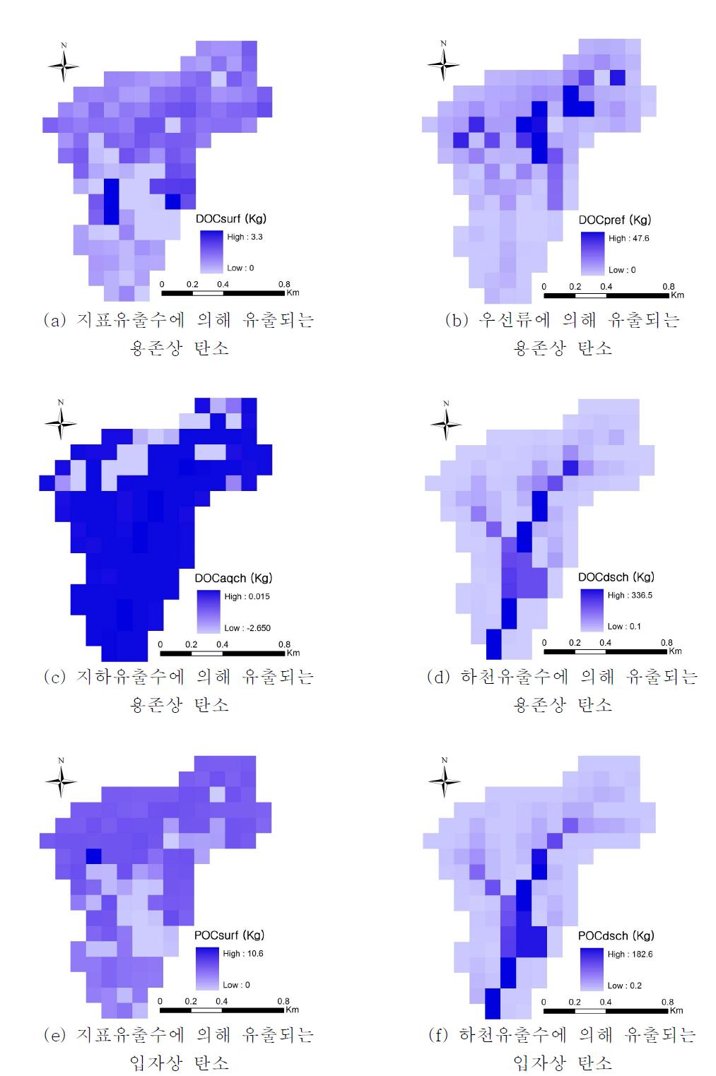 유역 내 탄소의 연간 유출량의 공간적 분포