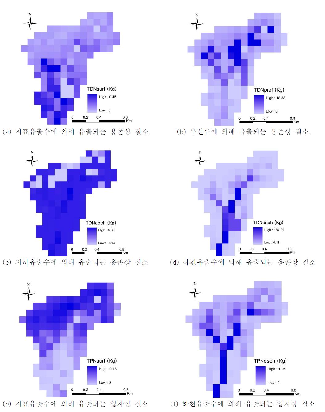 유역 내 질소의 연간 유출량의 공간적 분포